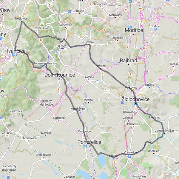 Miniaturní mapa "Rudé mohyly a Nosislav" inspirace pro cyklisty v oblasti Jihovýchod, Czech Republic. Vytvořeno pomocí plánovače tras Tarmacs.app