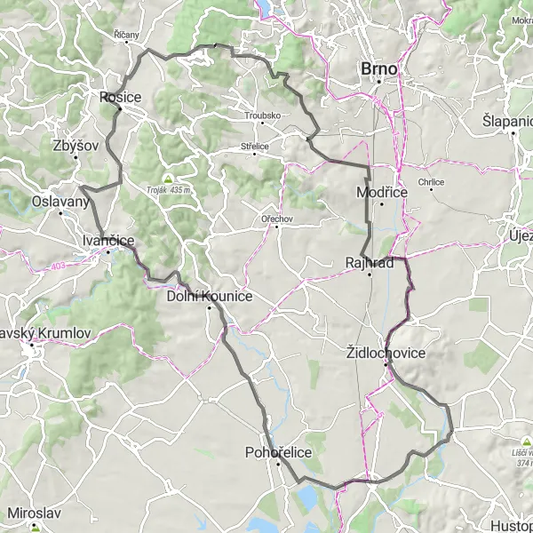 Miniatura mapy "Trasa rowerowa przez Cvrčovice i Rajhradice" - trasy rowerowej w Jihovýchod, Czech Republic. Wygenerowane przez planer tras rowerowych Tarmacs.app