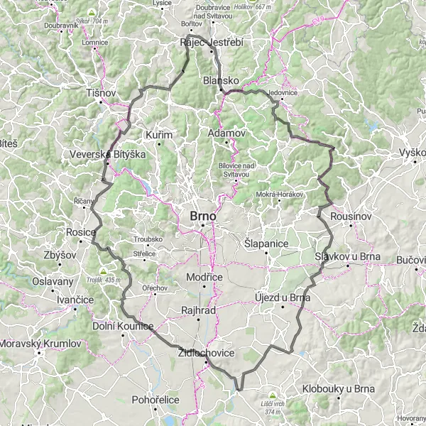 Miniaturní mapa "Velký kruh kolem Brno" inspirace pro cyklisty v oblasti Jihovýchod, Czech Republic. Vytvořeno pomocí plánovače tras Tarmacs.app