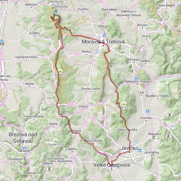 Miniaturní mapa "Gravelová trasa přes Moravskou Třebovou" inspirace pro cyklisty v oblasti Jihovýchod, Czech Republic. Vytvořeno pomocí plánovače tras Tarmacs.app