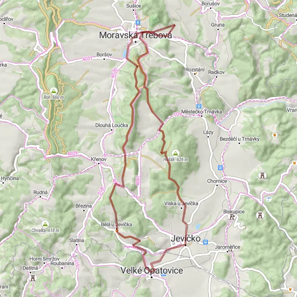 Map miniature of "Countryside Escape from Velké Opatovice" cycling inspiration in Jihovýchod, Czech Republic. Generated by Tarmacs.app cycling route planner