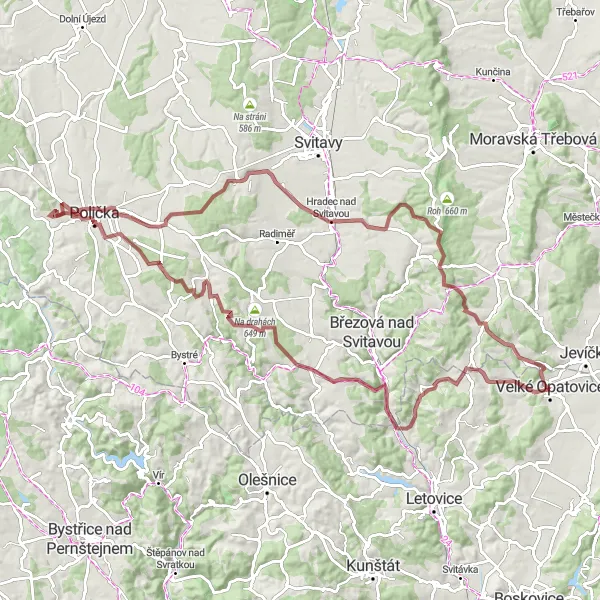 Map miniature of "Discovering Hidden Gems around Velké Opatovice" cycling inspiration in Jihovýchod, Czech Republic. Generated by Tarmacs.app cycling route planner
