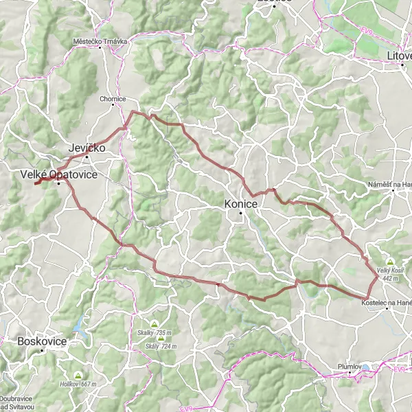 Map miniature of "Gravel Adventure near Velké Opatovice" cycling inspiration in Jihovýchod, Czech Republic. Generated by Tarmacs.app cycling route planner