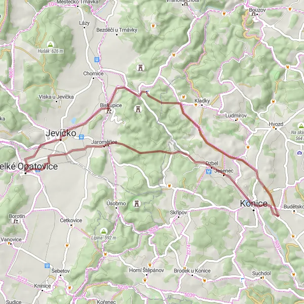 Mapa miniatúra "Trasa cez Horku a Jaroměřice" cyklistická inšpirácia v Jihovýchod, Czech Republic. Vygenerované cyklistickým plánovačom trás Tarmacs.app
