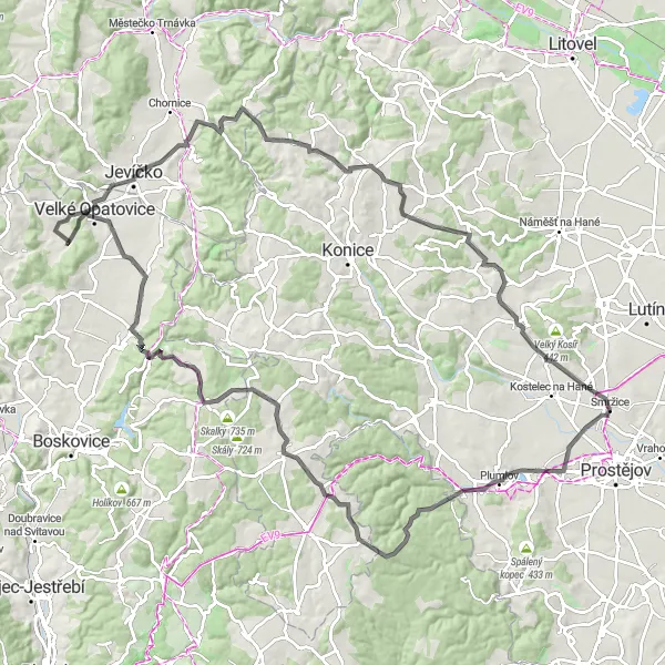 Mapa miniatúra "Road Trasa s panoramatickými výhľadmi" cyklistická inšpirácia v Jihovýchod, Czech Republic. Vygenerované cyklistickým plánovačom trás Tarmacs.app