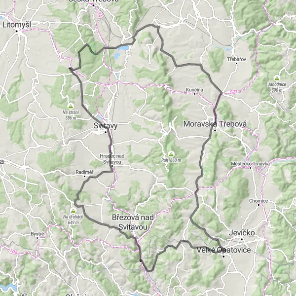 Miniaturní mapa "Jízda kolem Velkých Opatovic" inspirace pro cyklisty v oblasti Jihovýchod, Czech Republic. Vytvořeno pomocí plánovače tras Tarmacs.app