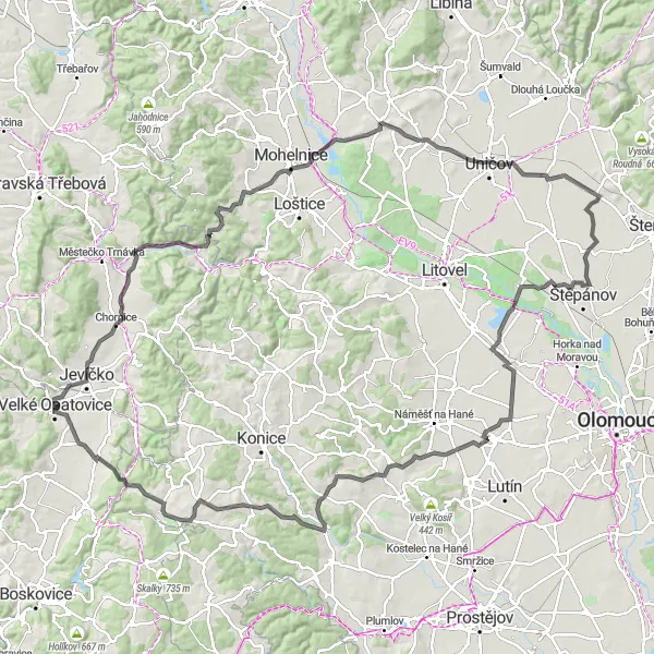 Miniaturní mapa "Kolem Úsova a Babylonu" inspirace pro cyklisty v oblasti Jihovýchod, Czech Republic. Vytvořeno pomocí plánovače tras Tarmacs.app