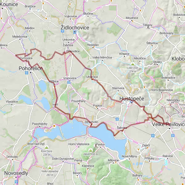 Miniaturní mapa "Okruh kolem Velkých Pavlovic" inspirace pro cyklisty v oblasti Jihovýchod, Czech Republic. Vytvořeno pomocí plánovače tras Tarmacs.app