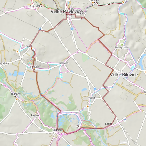 Miniaturní mapa "Gravel Bike Route: Velké Pavlovice - Přítlucká hora" inspirace pro cyklisty v oblasti Jihovýchod, Czech Republic. Vytvořeno pomocí plánovače tras Tarmacs.app
