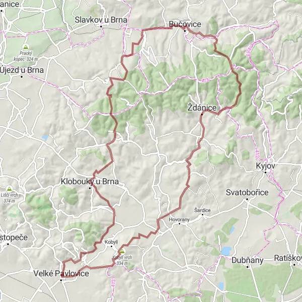 Miniaturní mapa "Gravel Bike Route: Velké Pavlovice - Klobouky u Brna" inspirace pro cyklisty v oblasti Jihovýchod, Czech Republic. Vytvořeno pomocí plánovače tras Tarmacs.app