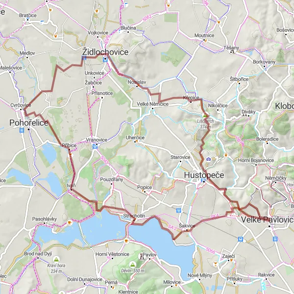 Miniaturní mapa "Gravel dobrodružství okolo Velkých Pavlovic" inspirace pro cyklisty v oblasti Jihovýchod, Czech Republic. Vytvořeno pomocí plánovače tras Tarmacs.app