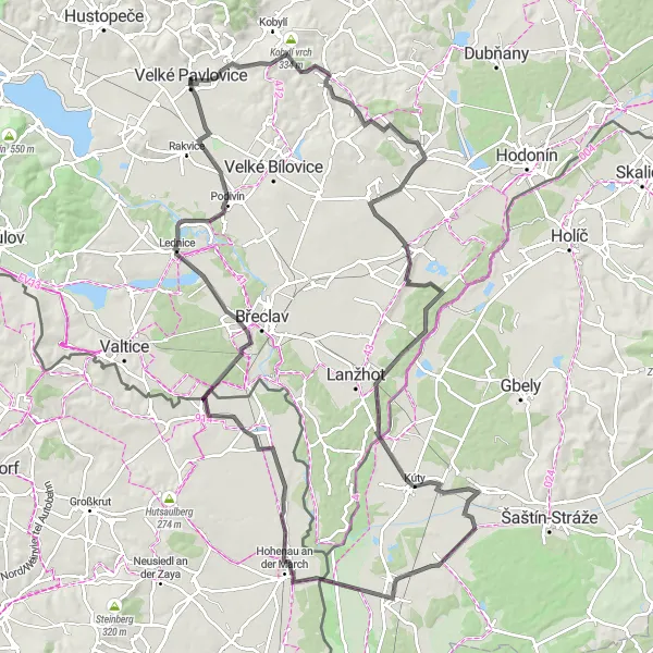 Miniaturní mapa "Road trip pro cyklisty v okolí Velkých Pavlovic IV" inspirace pro cyklisty v oblasti Jihovýchod, Czech Republic. Vytvořeno pomocí plánovače tras Tarmacs.app