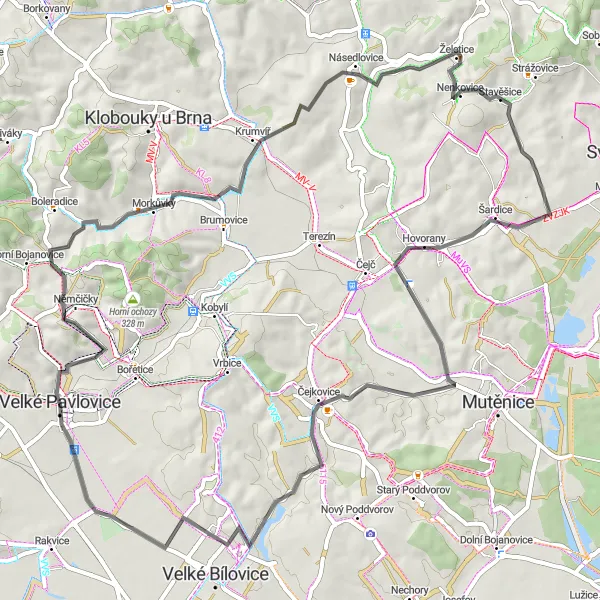 Miniaturní mapa "Malá okružní cesta krajinou" inspirace pro cyklisty v oblasti Jihovýchod, Czech Republic. Vytvořeno pomocí plánovače tras Tarmacs.app