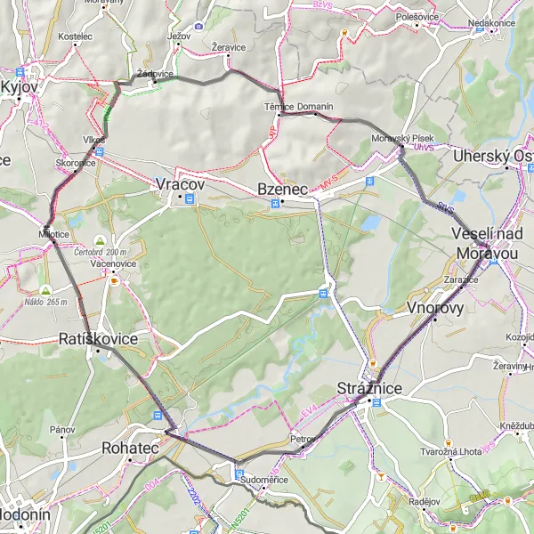 Map miniature of "Road route from Veselí nad Moravou to Strážnice" cycling inspiration in Jihovýchod, Czech Republic. Generated by Tarmacs.app cycling route planner