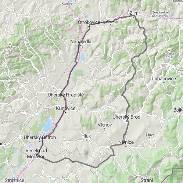 Miniaturní mapa "Výlet kolem Kunovic a Prakšic" inspirace pro cyklisty v oblasti Jihovýchod, Czech Republic. Vytvořeno pomocí plánovače tras Tarmacs.app
