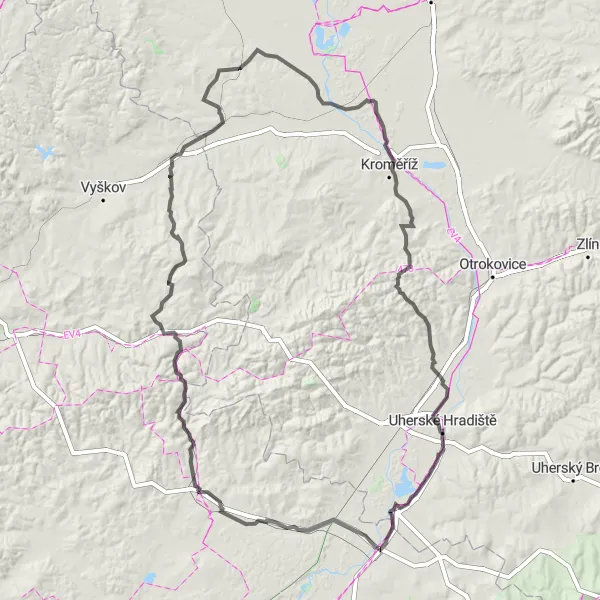 Mapa miniatúra "Cyklistický okruh okolo Veselí nad Moravou a okolia" cyklistická inšpirácia v Jihovýchod, Czech Republic. Vygenerované cyklistickým plánovačom trás Tarmacs.app