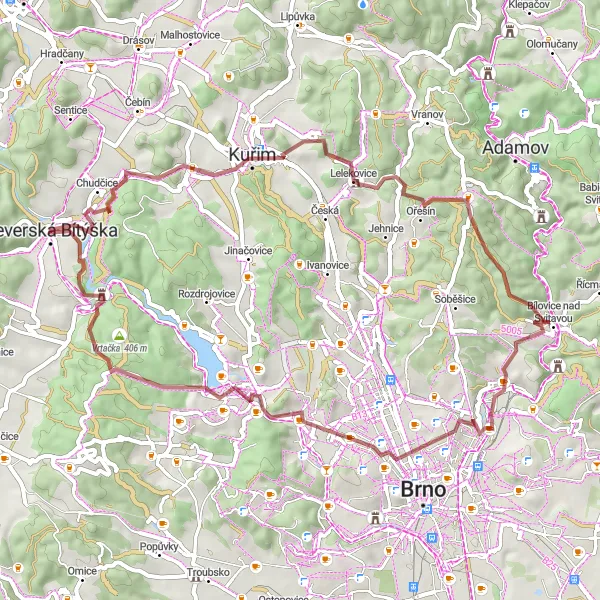 Map miniature of "Veverská Bítýška Gravel Loop" cycling inspiration in Jihovýchod, Czech Republic. Generated by Tarmacs.app cycling route planner