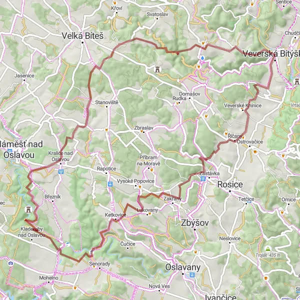 Miniaturní mapa "Gravel Cyklotrasa od Veverské Bítýšky" inspirace pro cyklisty v oblasti Jihovýchod, Czech Republic. Vytvořeno pomocí plánovače tras Tarmacs.app