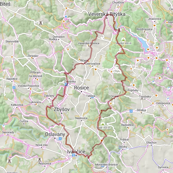 Miniaturní mapa "Gravel Cyklotrasa kolem Veverské Bítýšky" inspirace pro cyklisty v oblasti Jihovýchod, Czech Republic. Vytvořeno pomocí plánovače tras Tarmacs.app