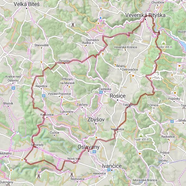 Map miniature of "Veverská Bítýška to Litostrov Gravel Adventure" cycling inspiration in Jihovýchod, Czech Republic. Generated by Tarmacs.app cycling route planner