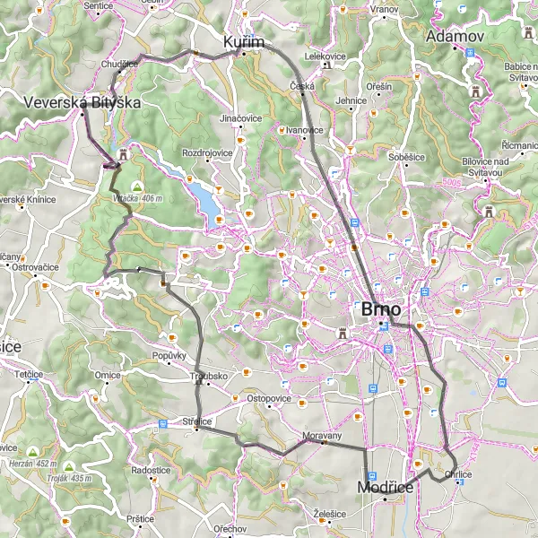 Mapa miniatúra "Silničná Rundľa: Veverská Bítýška - Nové Dvory" cyklistická inšpirácia v Jihovýchod, Czech Republic. Vygenerované cyklistickým plánovačom trás Tarmacs.app