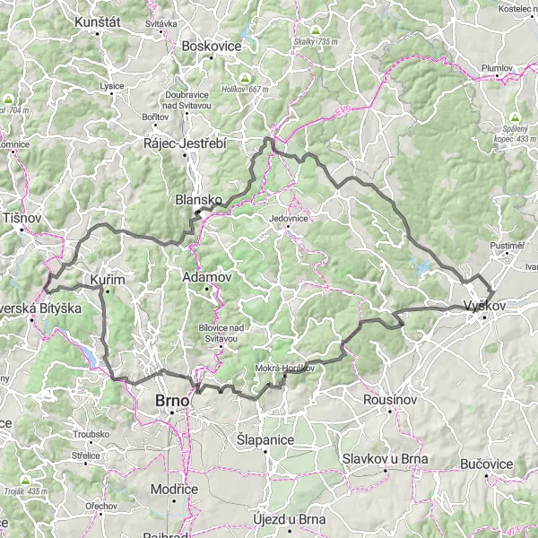 Map miniature of "South-east round trip from Veverská Bítýška" cycling inspiration in Jihovýchod, Czech Republic. Generated by Tarmacs.app cycling route planner