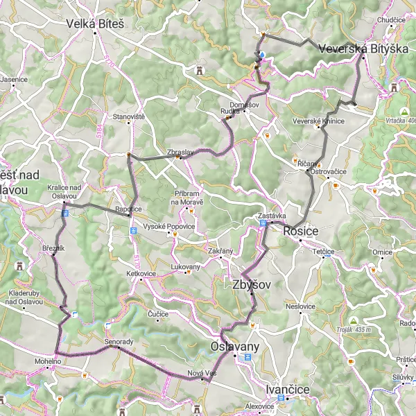 Map miniature of "Veverská Bítýška Loop" cycling inspiration in Jihovýchod, Czech Republic. Generated by Tarmacs.app cycling route planner