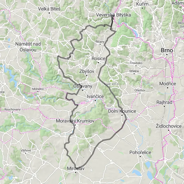 Miniaturní mapa "Road Cyklotrasa s památkami" inspirace pro cyklisty v oblasti Jihovýchod, Czech Republic. Vytvořeno pomocí plánovače tras Tarmacs.app