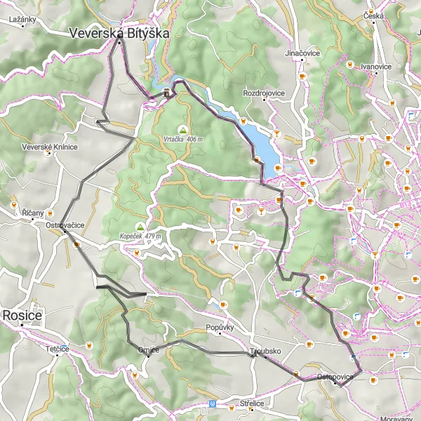 Karten-Miniaturansicht der Radinspiration "Rundtour Veverská Bítýška" in Jihovýchod, Czech Republic. Erstellt vom Tarmacs.app-Routenplaner für Radtouren