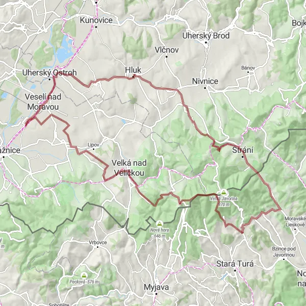 Miniaturní mapa "Challenging Gravel Bike Tour near Vnorovy" inspirace pro cyklisty v oblasti Jihovýchod, Czech Republic. Vytvořeno pomocí plánovače tras Tarmacs.app