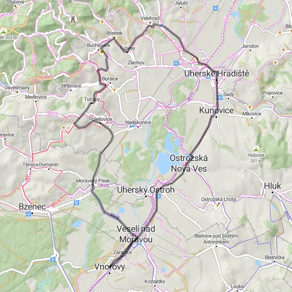 Miniaturní mapa "Cyklotrasa přes Moravský Písek a Uherské Hradiště" inspirace pro cyklisty v oblasti Jihovýchod, Czech Republic. Vytvořeno pomocí plánovače tras Tarmacs.app
