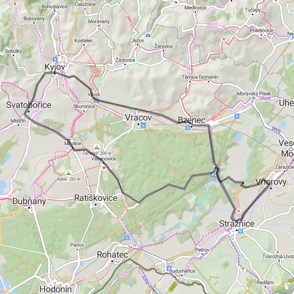 Miniaturní mapa "Okružní cyklistická trasa kolem Strážnic" inspirace pro cyklisty v oblasti Jihovýchod, Czech Republic. Vytvořeno pomocí plánovače tras Tarmacs.app