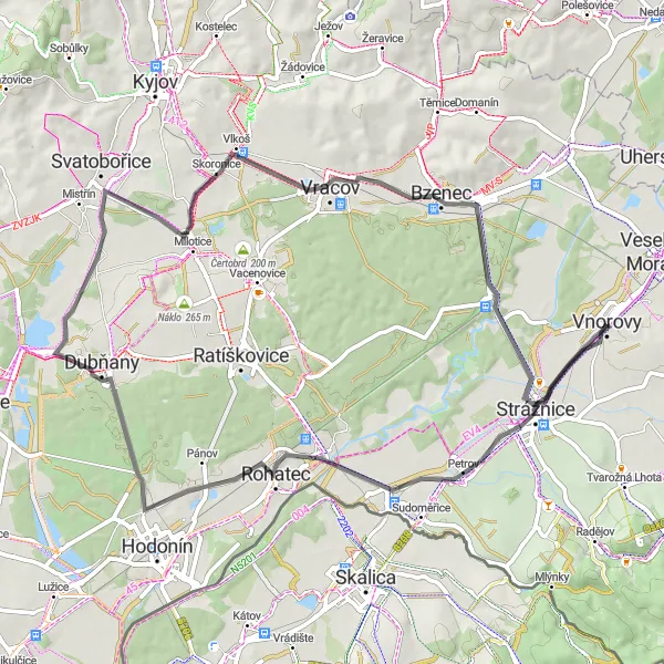 Map miniature of "Road Cycling Adventure around Vnorovy" cycling inspiration in Jihovýchod, Czech Republic. Generated by Tarmacs.app cycling route planner