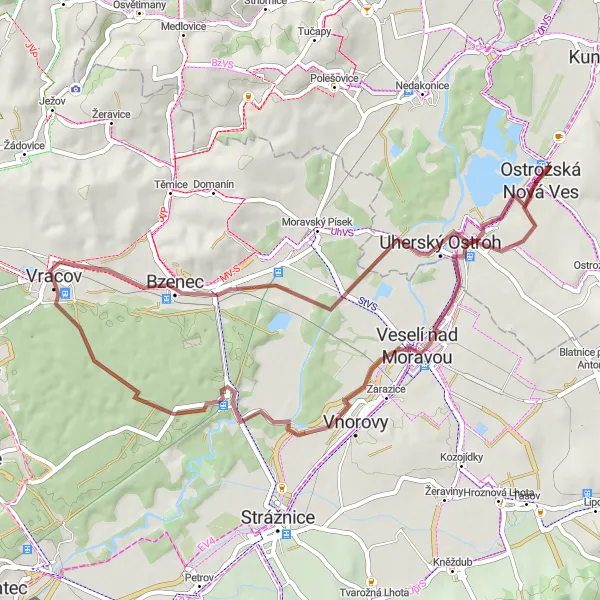 Map miniature of "Bzenec to Vnorovy Gravel Adventure" cycling inspiration in Jihovýchod, Czech Republic. Generated by Tarmacs.app cycling route planner