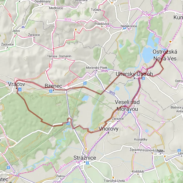 Miniaturní mapa "Gravel: Vracov - Bzenec - Starý hrad - Uherský Ostroh - Milokošť - Vnorovy" inspirace pro cyklisty v oblasti Jihovýchod, Czech Republic. Vytvořeno pomocí plánovače tras Tarmacs.app