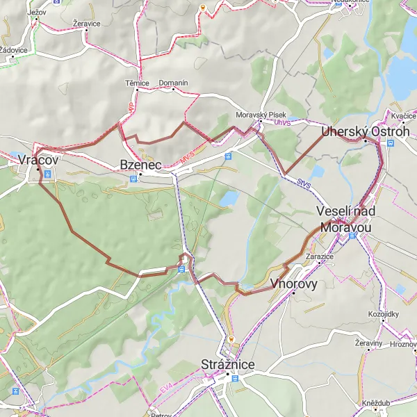 Miniaturní mapa "Gravel: Vracov - Horní hory - Moravský Písek - Milokošť - Vnorovy" inspirace pro cyklisty v oblasti Jihovýchod, Czech Republic. Vytvořeno pomocí plánovače tras Tarmacs.app