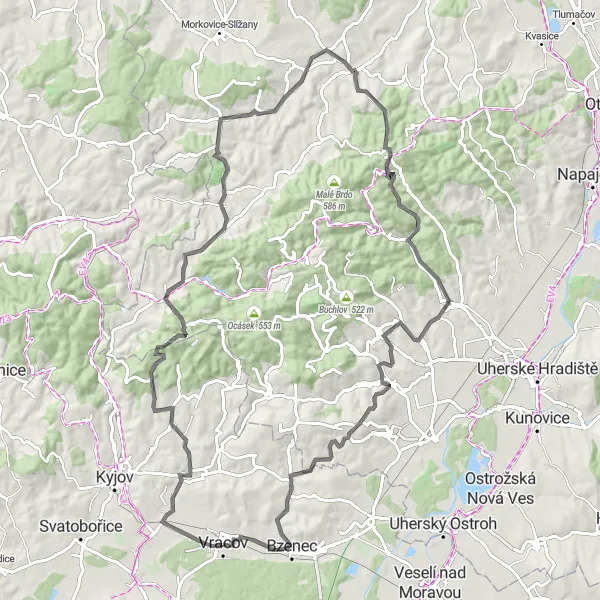 Miniaturní mapa "Krátká cyklotrasa okolo Vracova" inspirace pro cyklisty v oblasti Jihovýchod, Czech Republic. Vytvořeno pomocí plánovače tras Tarmacs.app