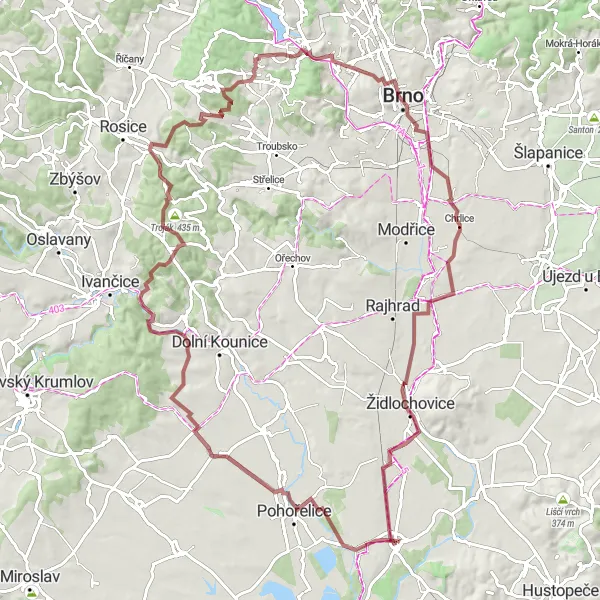Miniaturní mapa "Gravelová exkurze kolem Žebětína" inspirace pro cyklisty v oblasti Jihovýchod, Czech Republic. Vytvořeno pomocí plánovače tras Tarmacs.app
