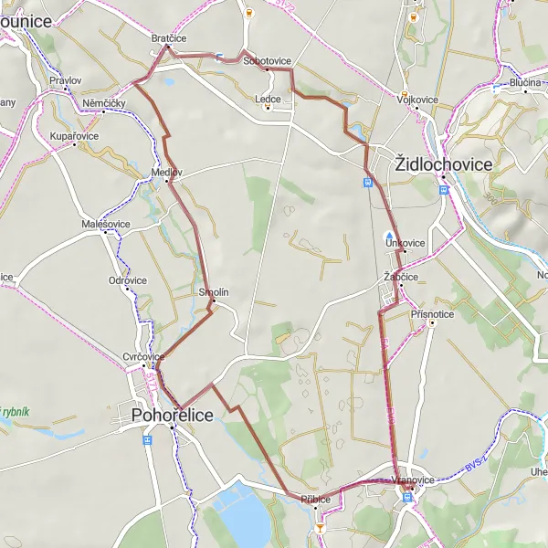 Miniaturní mapa "Gravelová cesta Vranovice okolím" inspirace pro cyklisty v oblasti Jihovýchod, Czech Republic. Vytvořeno pomocí plánovače tras Tarmacs.app