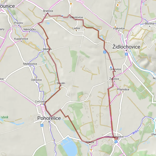 Map miniature of "Gravel Loop from Vranovice" cycling inspiration in Jihovýchod, Czech Republic. Generated by Tarmacs.app cycling route planner