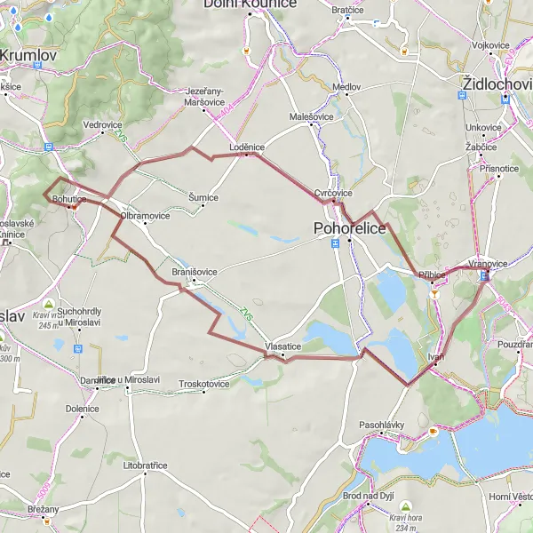 Map miniature of "Scenic Country Roads Gravel Ride" cycling inspiration in Jihovýchod, Czech Republic. Generated by Tarmacs.app cycling route planner