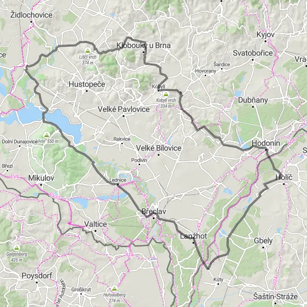 Map miniature of "Challenging Loop through Wine Country" cycling inspiration in Jihovýchod, Czech Republic. Generated by Tarmacs.app cycling route planner