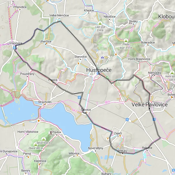 Map miniature of "Vranovice to Popice" cycling inspiration in Jihovýchod, Czech Republic. Generated by Tarmacs.app cycling route planner
