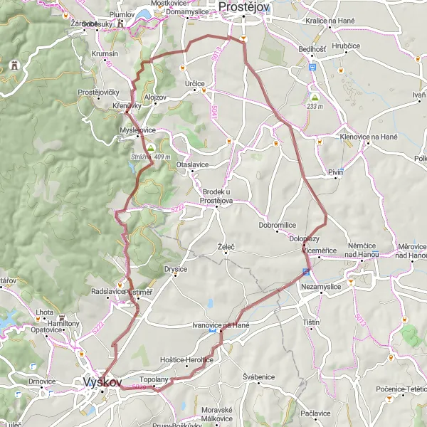 Karten-Miniaturansicht der Radinspiration "Gravel-Rundweg ab Vyškov" in Jihovýchod, Czech Republic. Erstellt vom Tarmacs.app-Routenplaner für Radtouren