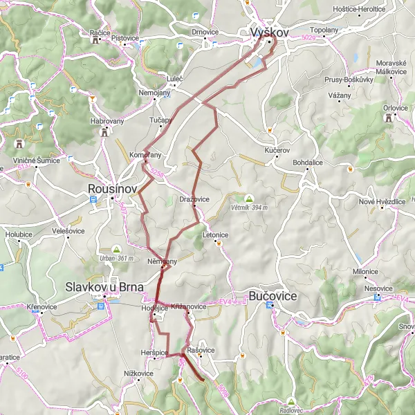 Map miniature of "Gravel Ride to Komořany" cycling inspiration in Jihovýchod, Czech Republic. Generated by Tarmacs.app cycling route planner