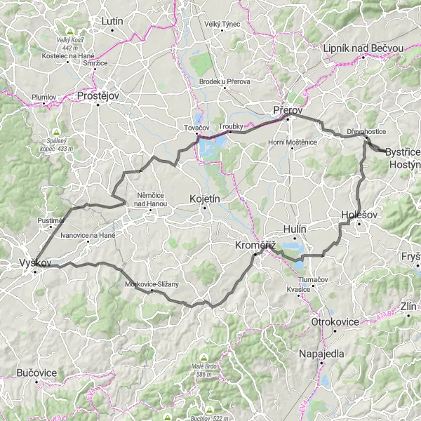 Karten-Miniaturansicht der Radinspiration "Roadtrip von Vyškov nach Křečkovice" in Jihovýchod, Czech Republic. Erstellt vom Tarmacs.app-Routenplaner für Radtouren