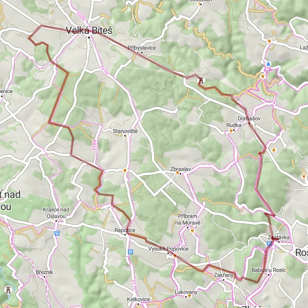 Map miniature of "The Vysoké Popovice & Velká Bíteš Gravel Journey" cycling inspiration in Jihovýchod, Czech Republic. Generated by Tarmacs.app cycling route planner