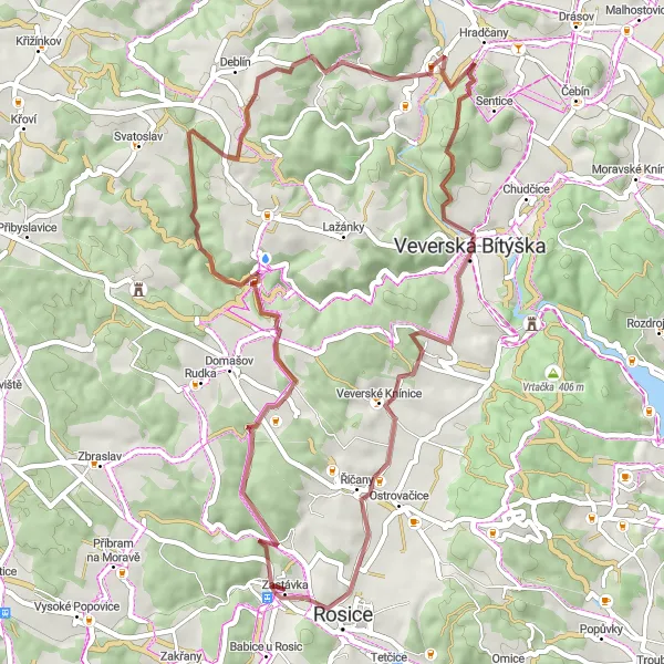 Miniatura mapy "Trasa Gravel: Javůrek, Vohančice, Veverská Bítýška, Kopaniny, Zastávka" - trasy rowerowej w Jihovýchod, Czech Republic. Wygenerowane przez planer tras rowerowych Tarmacs.app