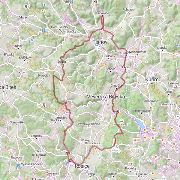 Miniatura mapy "Trasa Gravelowa wokół Zastávka" - trasy rowerowej w Jihovýchod, Czech Republic. Wygenerowane przez planer tras rowerowych Tarmacs.app