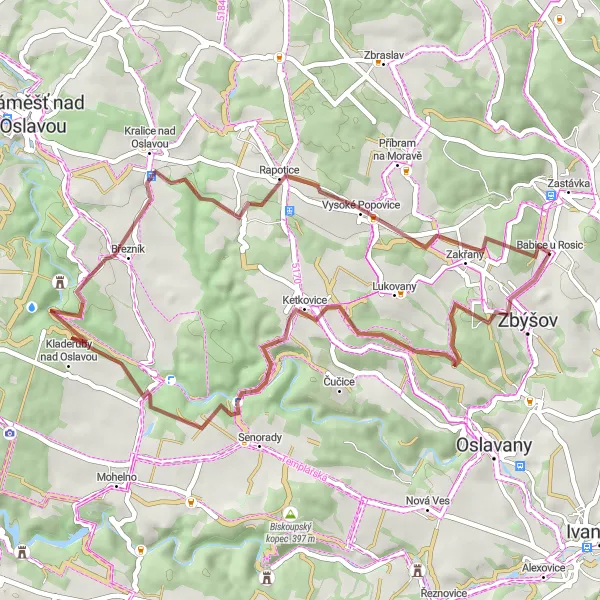 Miniatura mapy "Trasa Gravel: Ketkovice, Malá skála, Sudice, Babice u Rosic" - trasy rowerowej w Jihovýchod, Czech Republic. Wygenerowane przez planer tras rowerowych Tarmacs.app